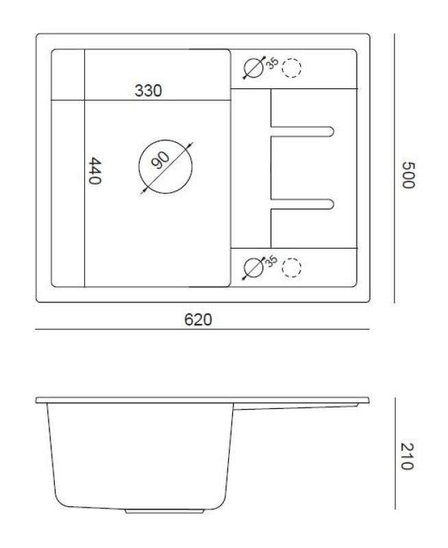 Quadri Dalton hvid granit køkkenvask med afløbsplade 62x50cm med rustfri stålprop 1208967573