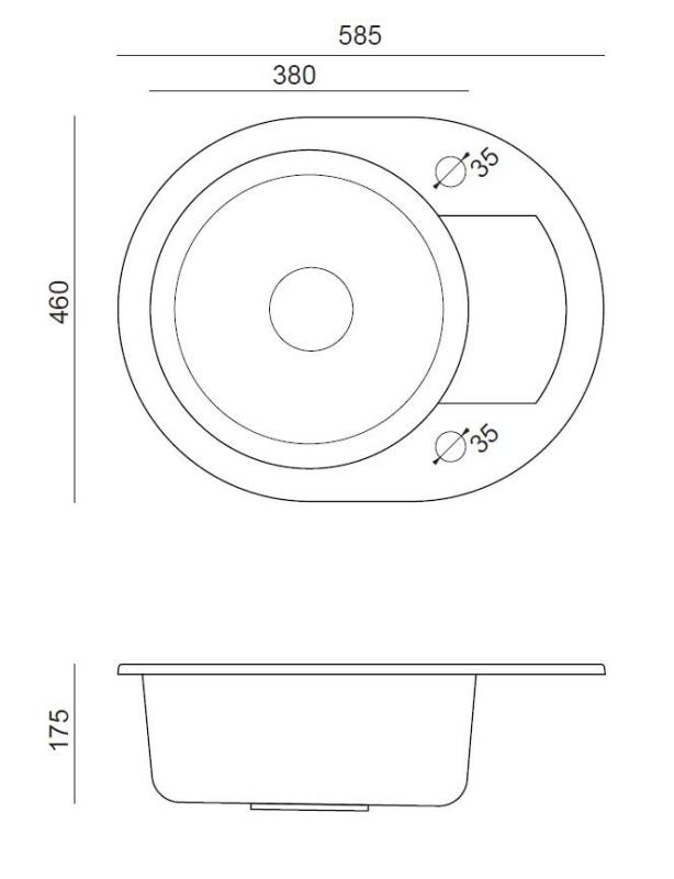 Quadri London Antracit Granit Rundt Vask med Afdrypningsområde 585x460mm Vendbar - 1208967585
