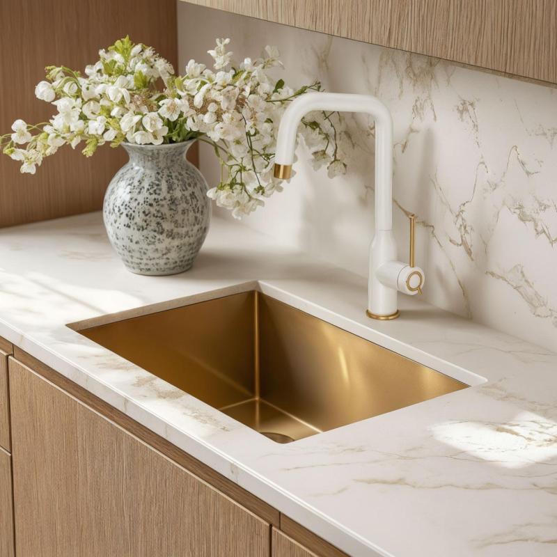 Quadri Stamford Køkkenarmatur Hvid med PVD Guld Finish med Drejbar Vinkel Tud 1208967697