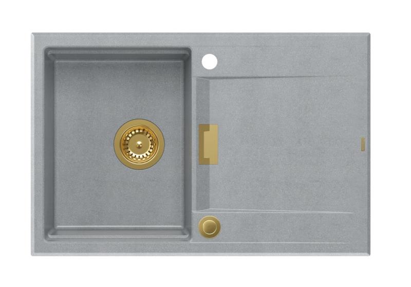 Quadri Minton Granit Overmonteret Grå Vask 76x50cm med Drypbakke Vendbar og Gylden Prop - 1208967742