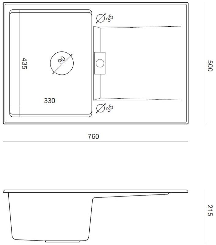 Quadri Minton Granit Indbygning Antracit Vask 76x50cm med Afdryp Omvendelig og Gylden Prop - 1208967745