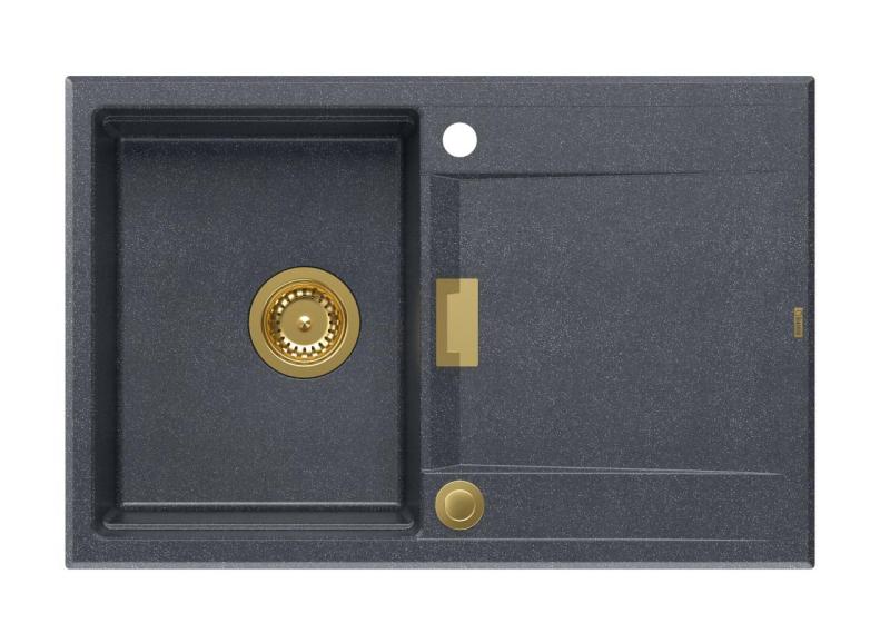 Quadri Minton Granit Indbygning Antracit Vask 76x50cm med Afdryp Omvendelig og Gylden Prop - 1208967745