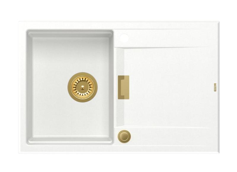 Quadri Minton Granit Overmonteret Hvid Vask 76x50cm med Afdryp Vendbar og Guld Prop - 1208967748