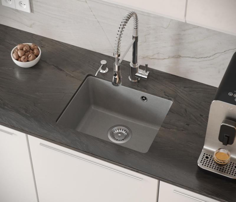 Quadri Elston Grå Granit Undermonteret Vask 420x335mm med Rustfri Stål Prop 1208967775