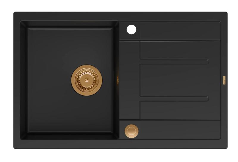 Quadri Sheffield Antracit Granit Opvaskebakke 78x50cm med Afdrypningsområde og Kobber Afløbsprop - 1208967797