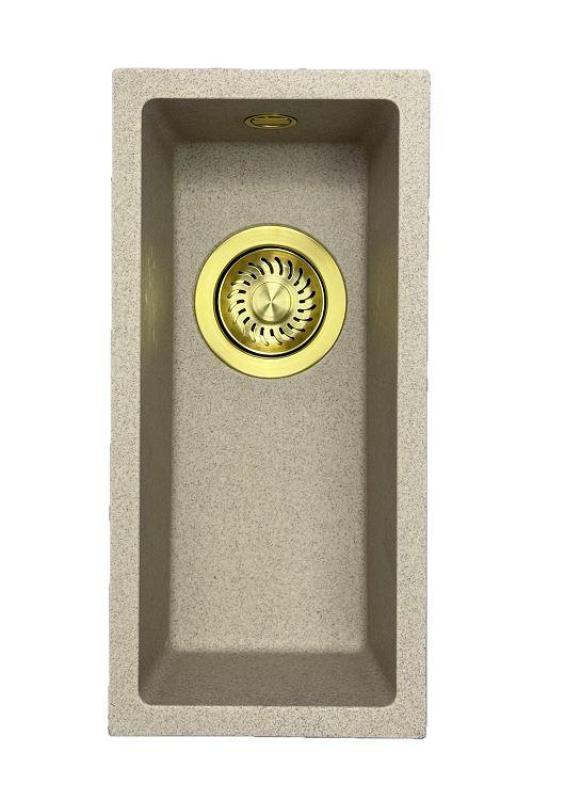 GraniteMy Universal granit beige sand lille vask 17x40 cm til overmontering, undermontering og planmontering med guldfarvet prop 1208968003