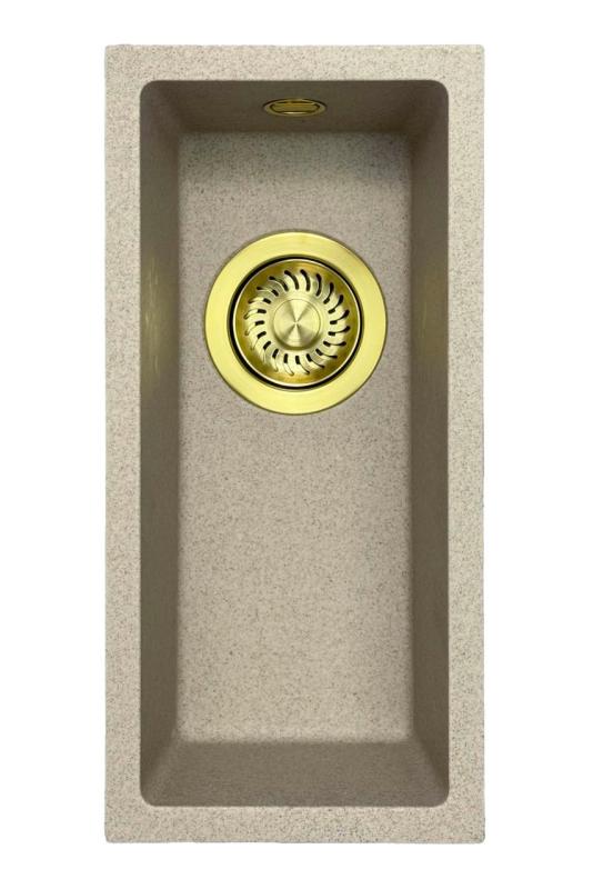 GraniteMy Universal granit beige sand lille vask 17x40 cm til overmontering, undermontering og planmontering med guldfarvet prop 1208968003