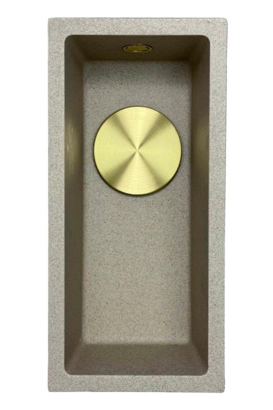 GraniteMy Universal granit beige sand lille vask 17x40 cm til overmontering, undermontering og planmontering med guldfarvet prop 1208968003