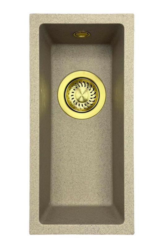 GraniteMy Universal granit beige sand lille vask 17x40 cm til overmontering, undermontering og planmontering med guldfarvet prop 1208968003