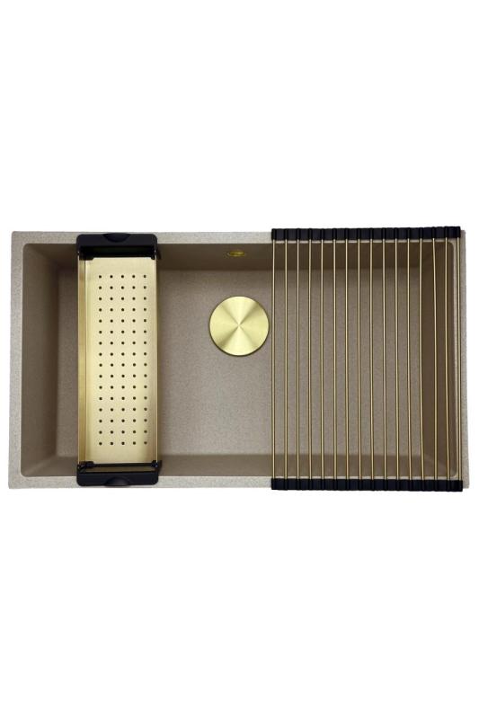 GraniteMy Universal granit beige sand vask 74x40 cm til overmontering, undermontering og planmontering med guldfarvet prop 1208968018