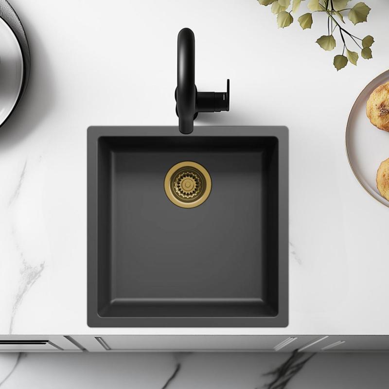 Sort håndvask 40x40cm undermontering, overmontering og planmontering med gylden prop 1208968034