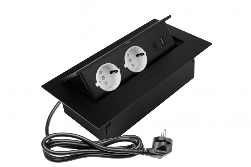 Møbelstik 2x schuko stik, USB A+C, uden kabel, sort