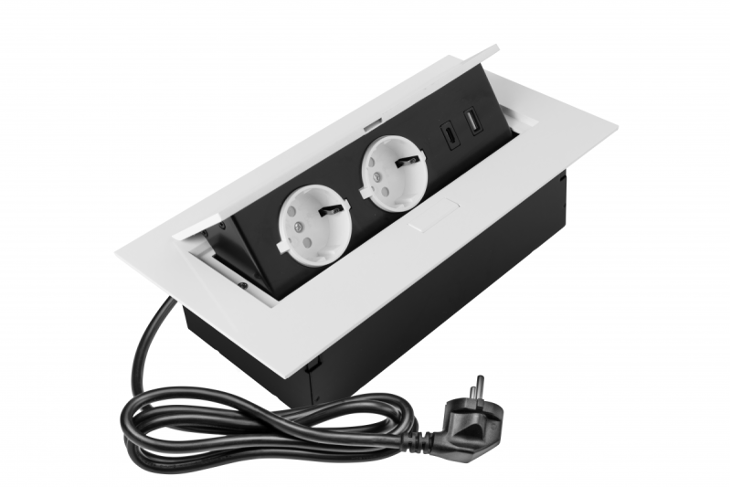 Møbelstikdåse 2x stik med jordforbindelse, USB A+C, strømkabel med stik, hvid