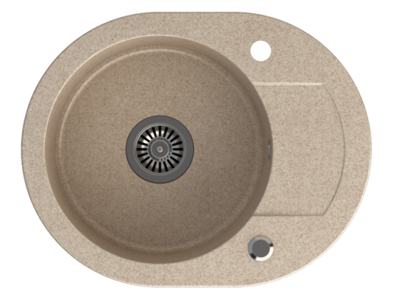 Quadri London Beige Sand Granit Rund Vask med Afdrypningsområde og Rustfrit Stål Prop 585x460mm Vendbar - 1208969495