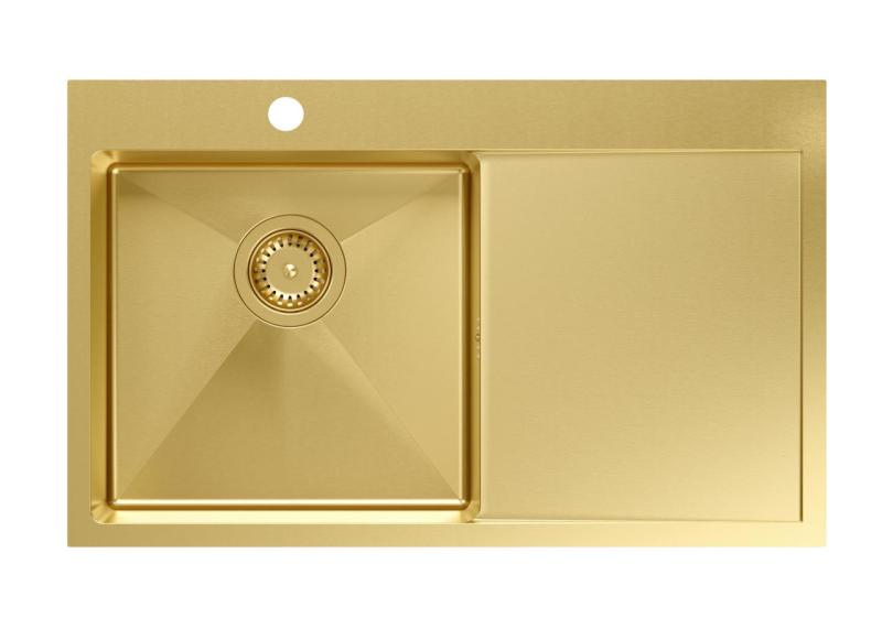 Aquadesign Clara Vask Guld 78x48cm Overmonteret eller Planmonteret med Afdrypningsbakke, Kranbank og Guldprop - 1208969499