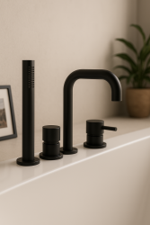 Waterevolution Flow 4-huls badekran til montering på badekar kant Sort H T138HPR