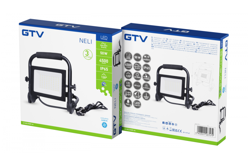 NELI Bærbar Spotlight, LED, 50W, 4500lm, 6400K, AC220-240V, IP65, 1,5m kabel