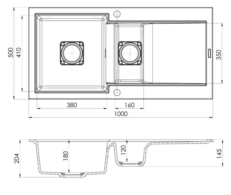 GraniteMy Zafiri Sort Granit Overmonteret 1,5 Vask 100x50 cm med Afdrypningsplads, Vendbar, med Sort Firkantet Afløbsdæksel 1208969998
