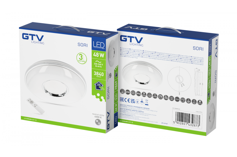 SORI LED loftlampe, Ø490mm, CCT, 48W, 3840lm, AC180-250V, 50/60 Hz, PF>0,9, IP54, fjernbetjening, hvid, 3 års garanti.