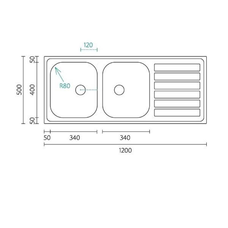 Bank Centurio 120 rustfrit stål dobbelt vask til installation ovenpå 120x50cm med afdrypningsområde 1208970029