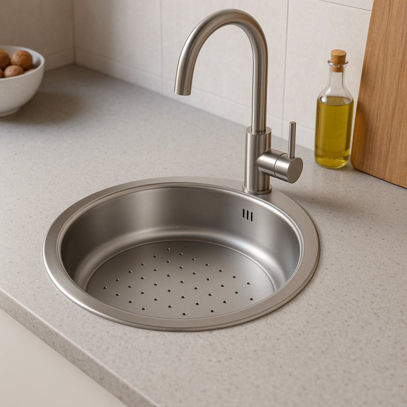 Banka P18380 Rustfrit stål Rund lav vask med afdrypningsbakke 45 cm Overflademontering og undermontering 1208970057