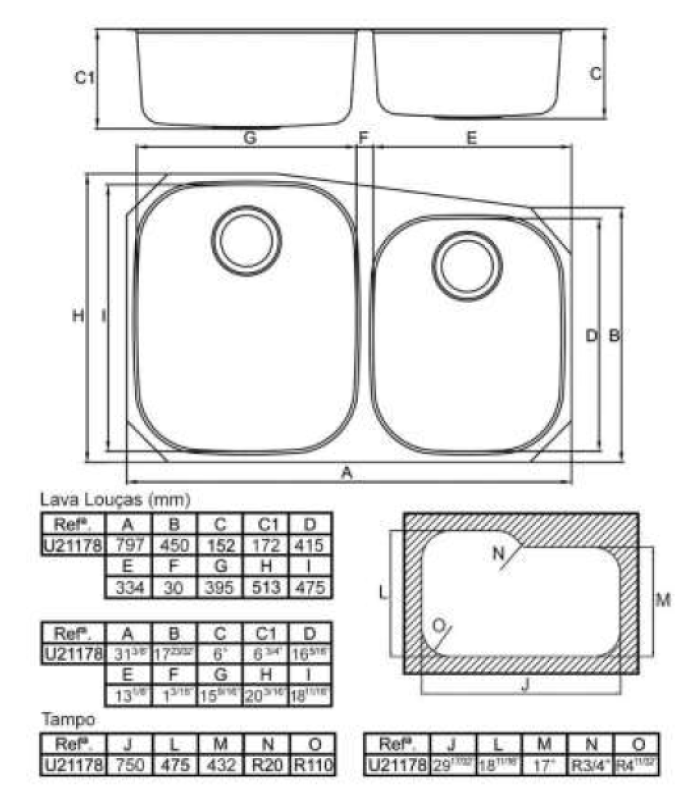 Banka Princess rustfrit stål dobbelt vask Underbord 750x475 mm 1208970067