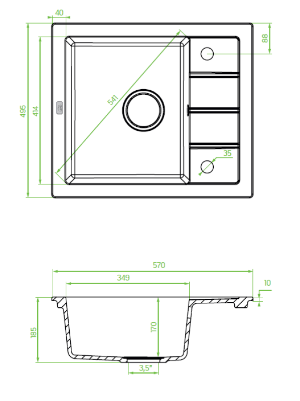 Aquadesign Somerset Granit Påbygningsvask Antracit med lille Afdrypningsområde 570 x 495 mm 1208970084