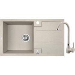 Aquadesign Hartwell Set - Granit Overmonteret Vask Beige Sand med Afdrypningsområde og Køkkenarmatur, 76 x 44 cm - 1208970088