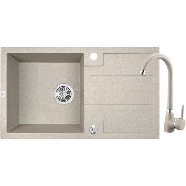 Aquadesign Hartwell Set - Granit Overmonteret Vask Beige Sand med Afdrypningsområde og Køkkenarmatur, 76 x 44 cm - 1208970088