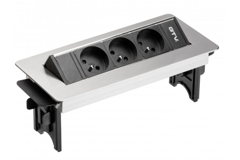 Forlængerledning til skrivebord uden kassette, 3-dobbelt stikkontakt med jordforbindelse, 1,5 m strømkabel med stik, rustfrit stål.