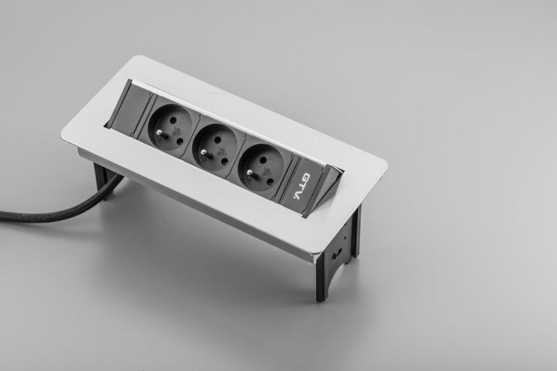 Forlængerledning til skrivebord uden kassette, 3-dobbelt stikkontakt med jordforbindelse, 1,5 m strømkabel med stik, rustfrit stål.