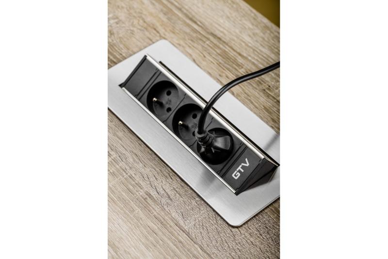 Forlængerledning til skrivebord uden kassette, 3-dobbelt stikkontakt med jordforbindelse, 1,5 m strømkabel med stik, rustfrit stål.