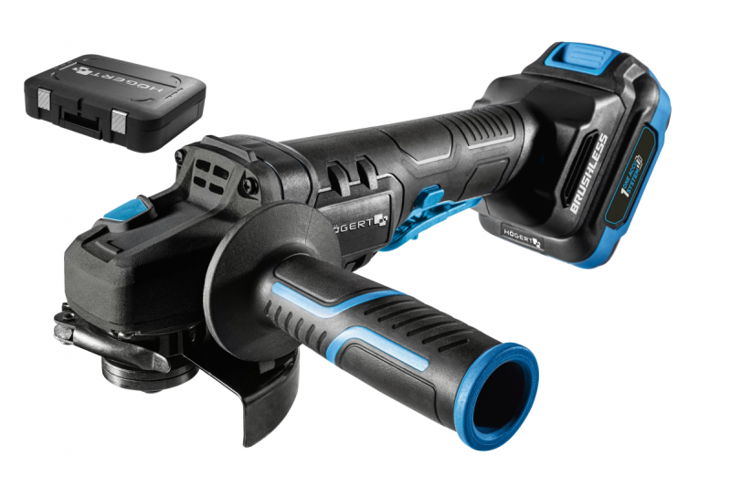 HÖGERT Ledningsfri vinkelsliber med paddle-kontakt, 125MM, 18V - Sæt (batteri, oplader, tilbehør)