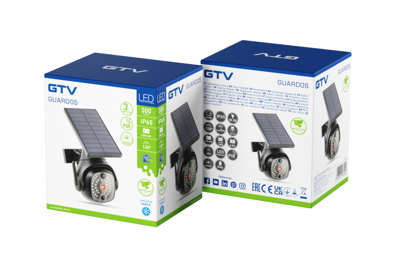 Solflomlys med bevægelses- og skumringssensor GUARDOS, LED, 300lm, 6400K, 1200mAh, IP65, dummykamera