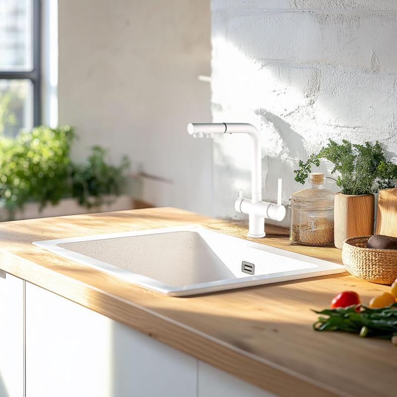 Ausmann Ellington 3-vejs Køkkenarmatur med Udtrækkelig Tud og Filtreret Vand – Hvid - 1208970496