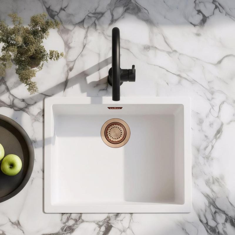 Hvide Vask 50x40 cm Til Undermontering, Overmontering og Planmontering med Kobber Prop 1208970533