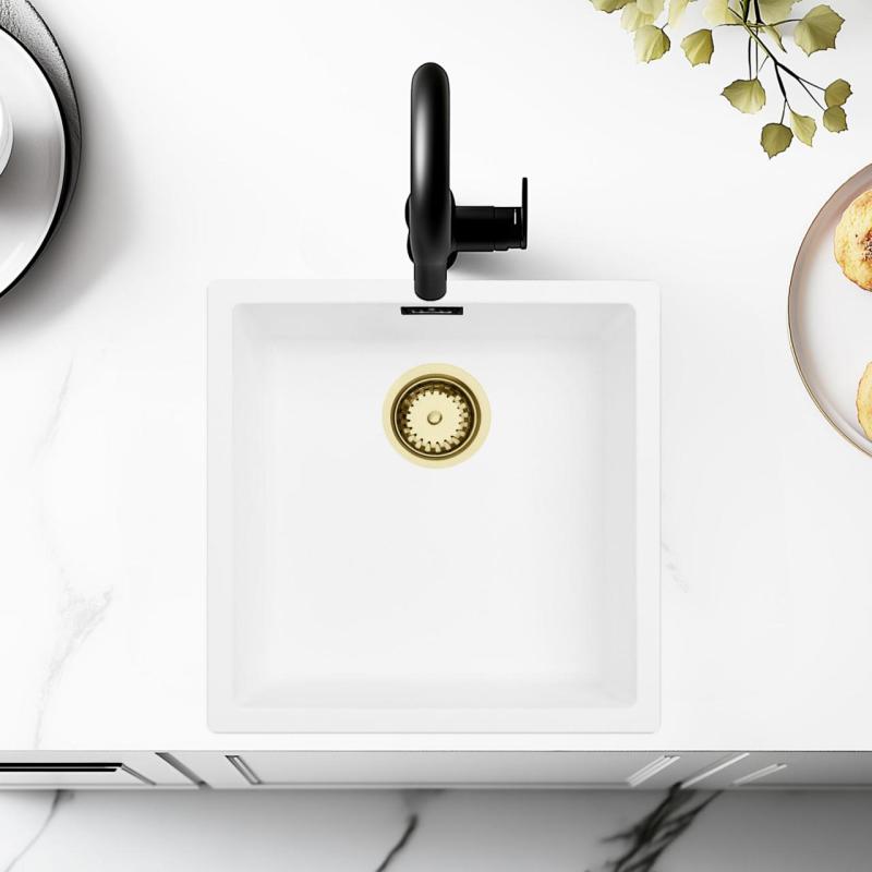 Hvid Vask 40x40 cm Undermonteret, Fritstående og Planlimet med Gylden Prop 1208970537
