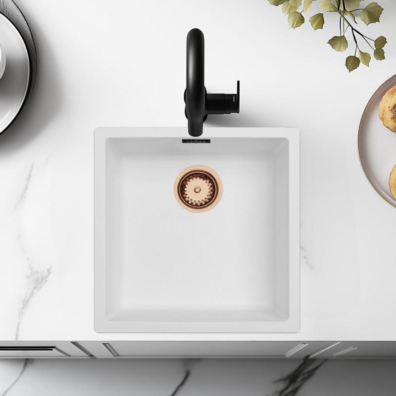 Hvid Vask 40x40 cm Underbygning, Overbygning og Planlimning med Kobber Prop 1208970538