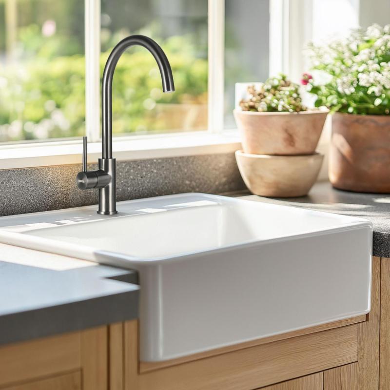 Ausmann Ceramic Panor Shade Keramisk hvid Butler-vask - Under- og mellembygning 630 x 597 mm med hul til vandhane og mat sort prop 1208970554