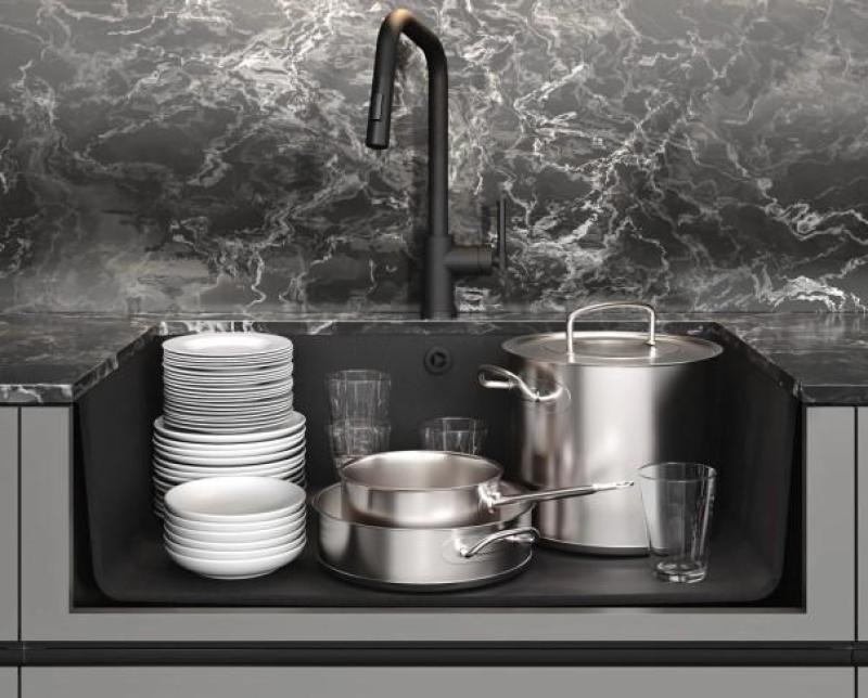 AquaGranite Modulo R19 stor granit sort vask 76x43 cm til underbygning og overbygning med rustfri stål prop 1208970688