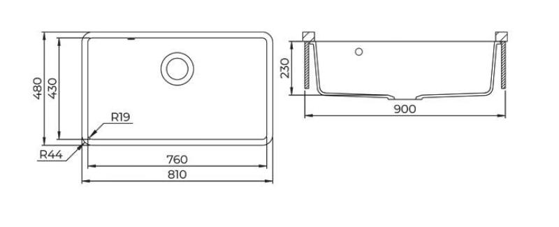 AquaGranite Modulo R19 stor granit sort vask 76x43 cm til underbygning og overbygning med rustfri stål prop 1208970688