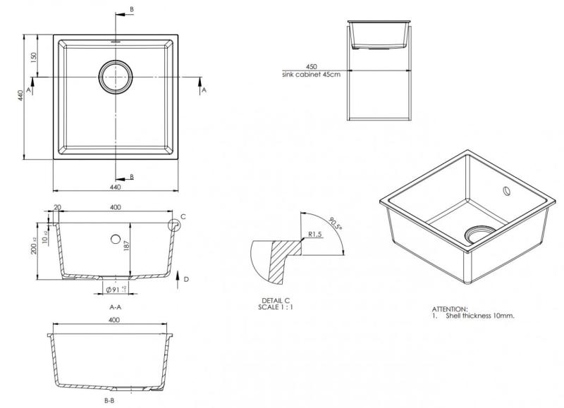GraniteMy Universal Granit Grå, mørk Vask 40x40 cm Overbygning, Underbygning og Flad Indbygning med Rustfrit Stål Prop 1208970742