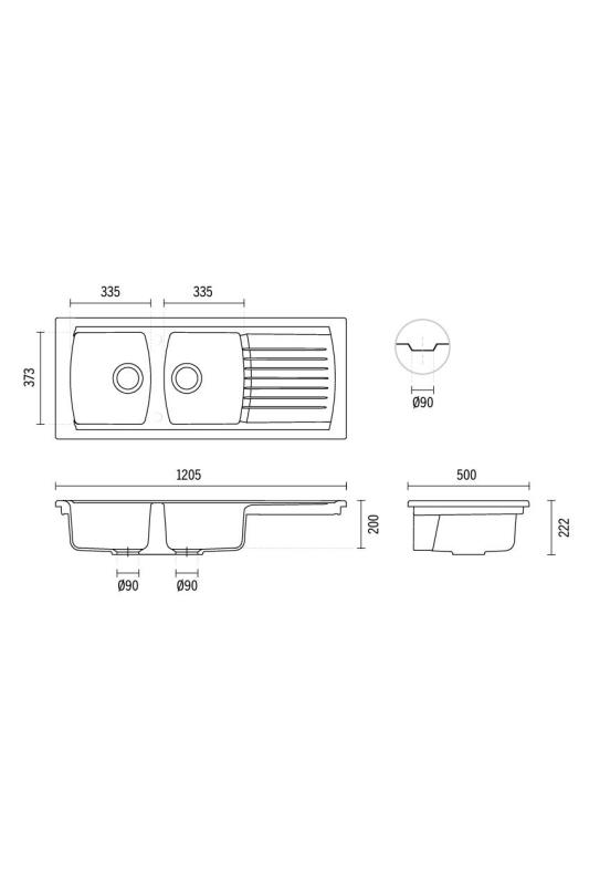 Ausmann Ceramic Crest Dobbelt Keramisk Hvid Vask med Afløbsområde 1205 x 500 mm 1208971132