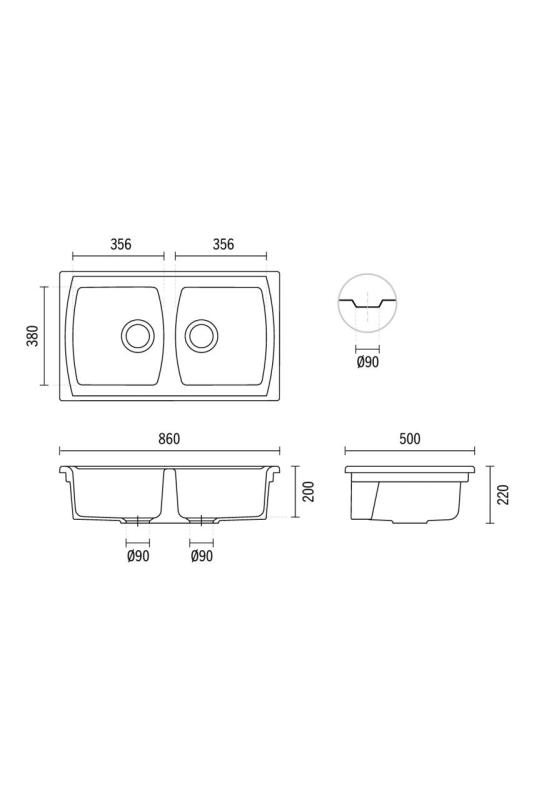 Ausmann Ceramic Crest Dobbelt Keramisk Hvid Vask 860 x 500 mm 1208971133