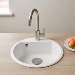 GraniteMy Bremen runde granitvask 43 cm hvid overflade og undermontering med hanehul og gunmetal prop 1208971220