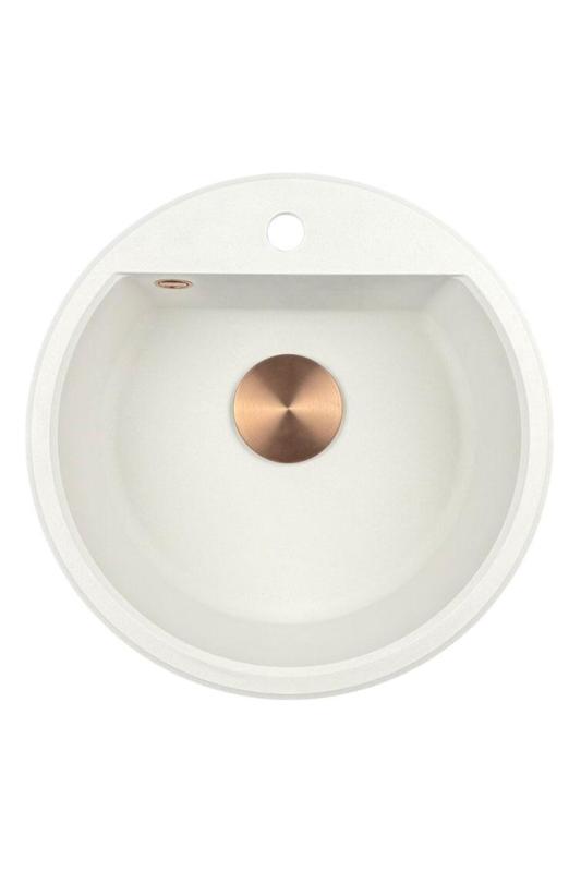 GraniteMy Bremen runde granitvask 43 cm hvid overflade og undermontering med hanehulbænk med kobberprop 1208971222