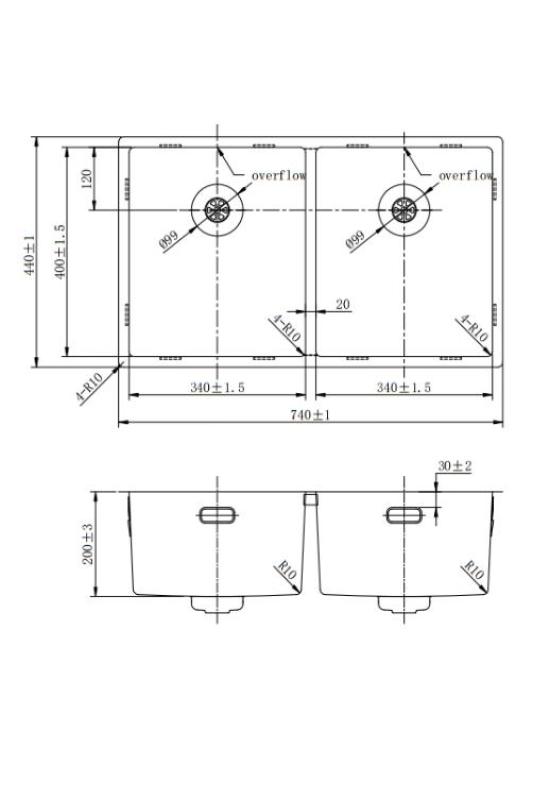 Pure.Sink Prestige Dobbelt Gylden vask 70x40 cm 10mm radius undermontering, fladmontering og overmontering PPG343440-60