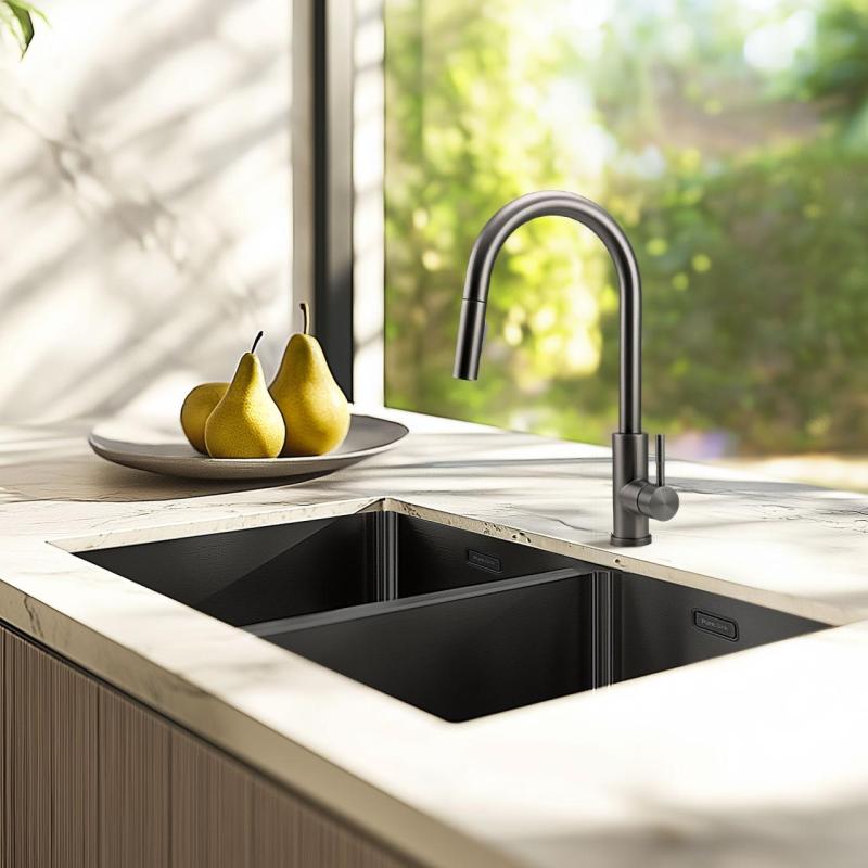 Pure.Sink Prestige Dobbelt Gun metal vask 70x40 cm 10mm radius underbygning, fladbygning og overbygning PPG343440-61