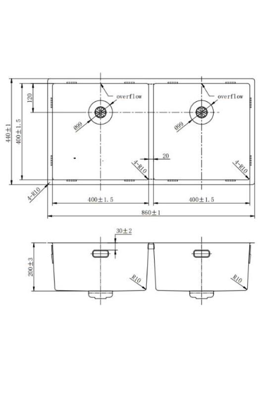 Pure.Sink Prestige Dobbelt Kobber vask 82x40 cm 10mm radius undermontering, fladmontering og overmontering PPG404040-62