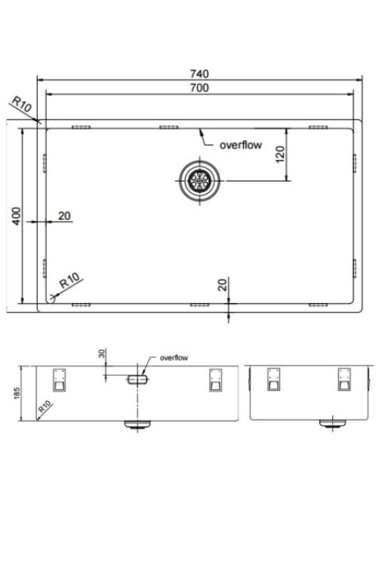 Pure.Sink Exclusivo stor guld vask 70x40 cm 10mm radius undermontering, planmontering og overmontering PEX7040-60